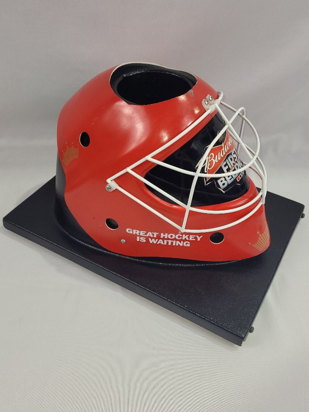 Budweiser First Beeriod Hockey Goalie Mask Beer Can Bottle Draft Drink Holder